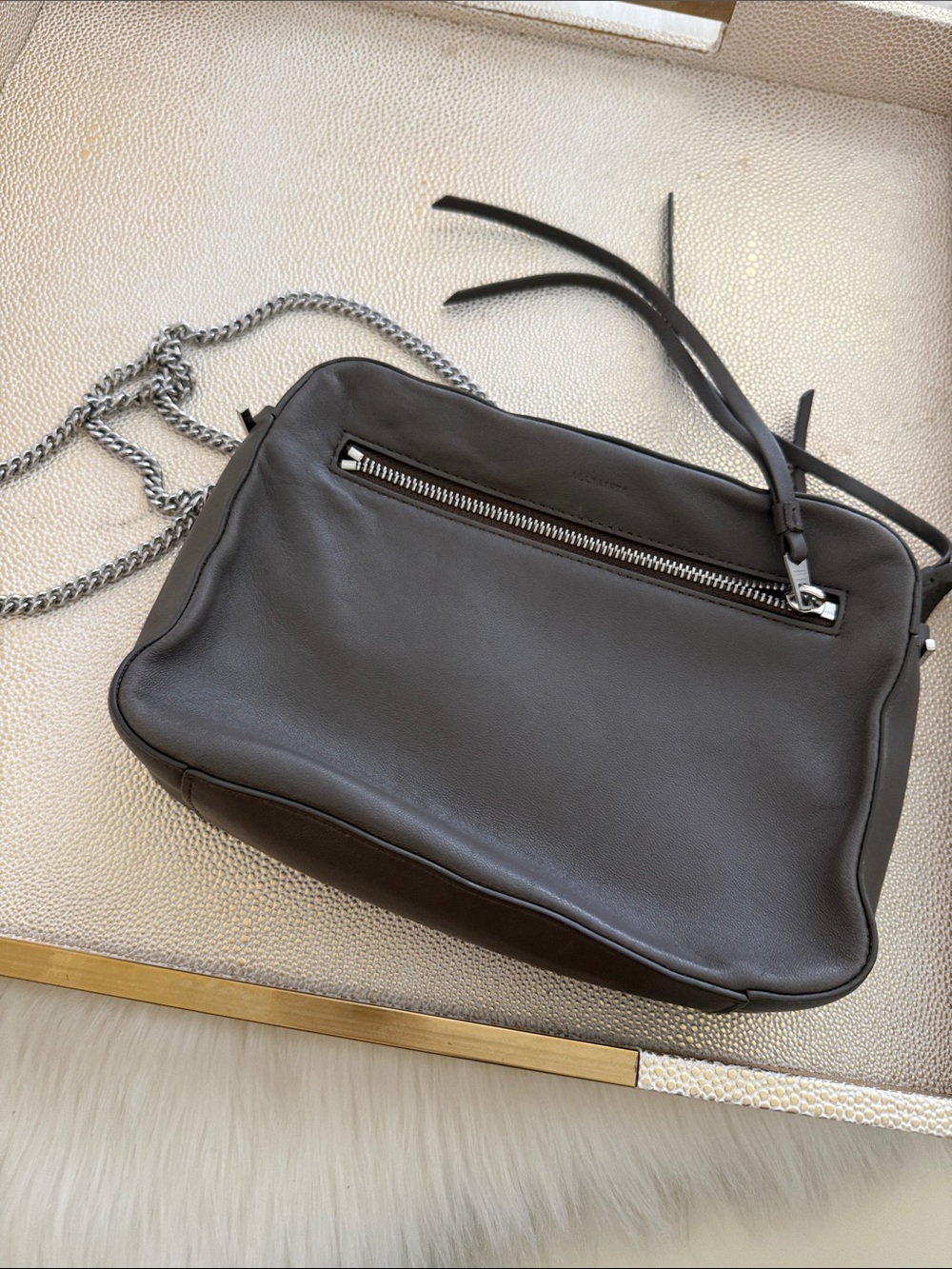 All Saints Leather Chain-Shoulder Crossbody Bag in Dark Greige Taupe - Picture 2 of 9